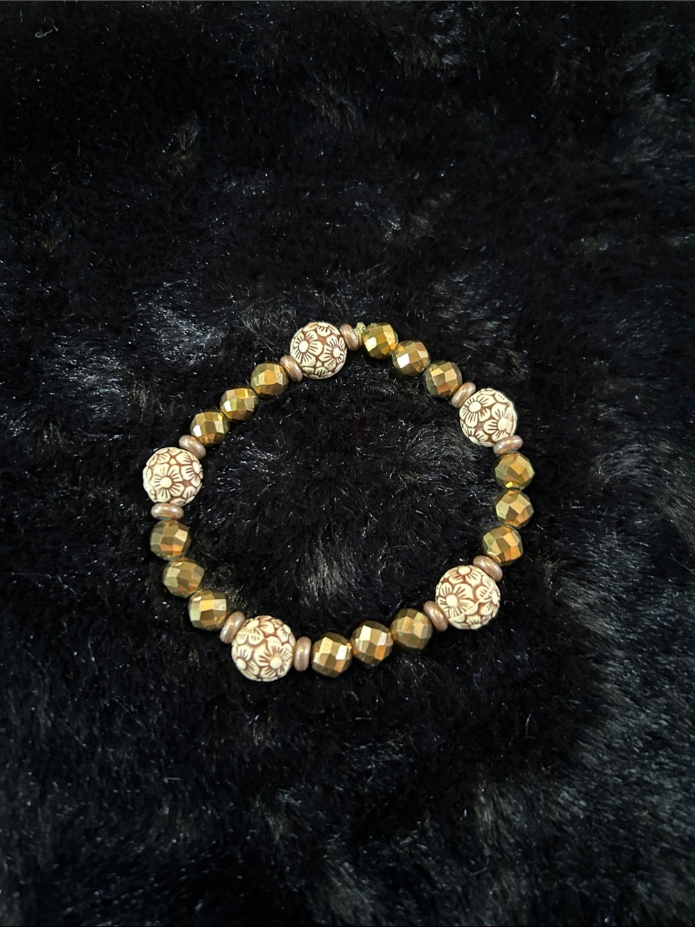 Handcrafted Brown Floral Bead and Shiny Bronze Spacer Beads Stretch Bracelet